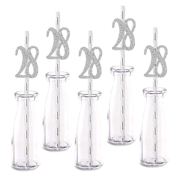 Silver Happy 28th Birthday Straw Decor, Silver Glitter 24pcs Cut-Out Number 28 Party Drinking Decorative Straws, Supplies