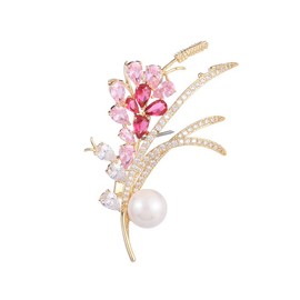 14K Gold Handcrafted Wheat Ear Flower Brooch, Adorned with Natural Gemstones and Pearl, Sophisticated Women's Jewelry, Perfect Birthday and Special Occasion Gift (Pink)