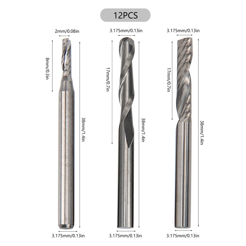 12pcs Woodworking File Burr 3.175 x 17mm/ 2 x 8mm