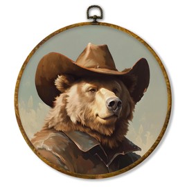 Hiuwevt Western Cowboy Bear Round Wall Art, Cowboy Room Decor, Vintage Southwestern Country Bear Hanging Canvas Prints Wall Decor for Western Home Room Farmhouse, 10x10 Inch