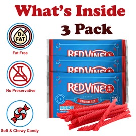 RedVines Red Licorice Bulk, 3 Pack, Original Red Licorice Twists, Soft and Chewy Licorice Valentine's Candy Bulk, Fat Free, Raspberry Flavor, 5 oz Trays