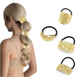 4PCS Metal Hair Ties, Gold Hair Ties Cuffs for Thick Hair Ponytails, Metal Ponytail Cuff Hair Elastic Accessories for Women (Gold-1)