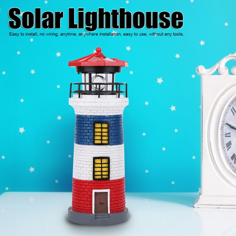 LED Solar Power Lighthouse Statue Rotating Outdoor Light Garden Yard