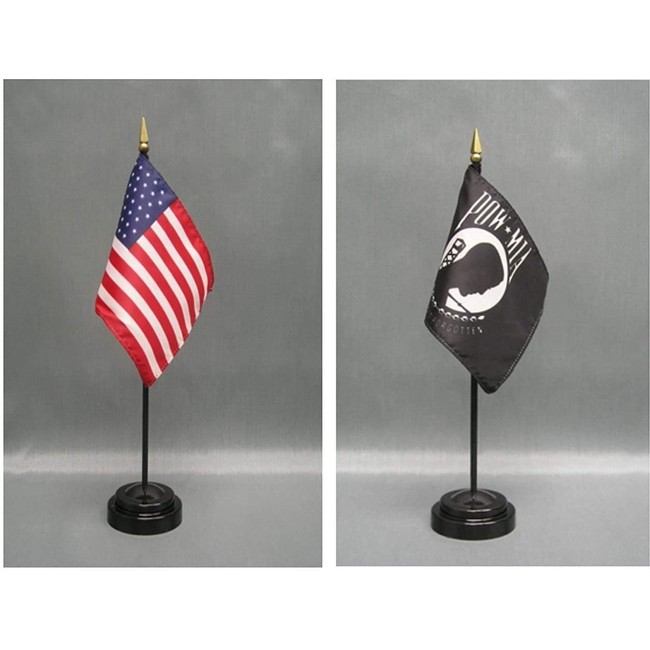 Made in The USA. 1 American and 1 Prisoner of War (POW MIA) 4"x6" Miniature Desk & Table Flag, Includes 2 Flag Stands & 2 Small Mini Stick Flags