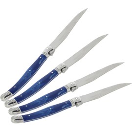 Laguiole - Cuchillos para carne de 4 piezas (mármol azul) - Cuchillos de acero inoxidable - Cuchilla dentada de corte suave - Juego de cuchillos de carne para lavaplatos, juego de cuchillos de cocina
