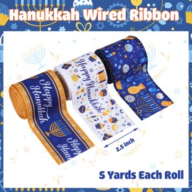 6 Rolls Hanukkah Ribbons Wired Royal Blue White Burlap Ribbon 2.5" Chanukah Star of David Decorative Ribbons Menorah Dreidel Ribbon for Happy Hanukkah Chanukah Jewish Gift Wrapping DIY Crafts Making