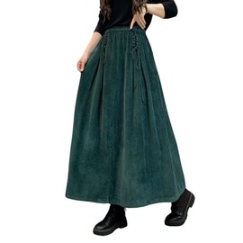 ebossy Women's Corduroy Maxi Skirt Elastic High Waist Drawstring Tie Front A-Line Pleated Long Skirt with Pockets (S, Blackish Green)