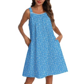 YOZLY Cotton Nightgowns for Women Sleeveless Tank Night Gown Sleepwear with Pockets,Blue Floral, Large