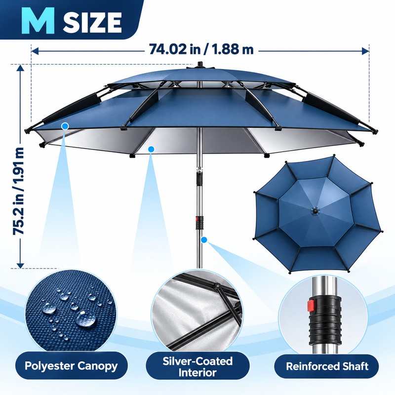 UPF 50+ Fishing Umbrella, Adjustable Tilting Outdoor Sunshade with Ventilated