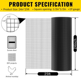 Hardware Cloth PVC Coated Wire Mesh 24'' x 25' 1/2inch Mesh Black Vinyl Coated Fence Chicken Wire Fencing 19 Gauge Chain Link Fence for Chicken Coop, Animal Control,Gutter Guard, and Home Improvement