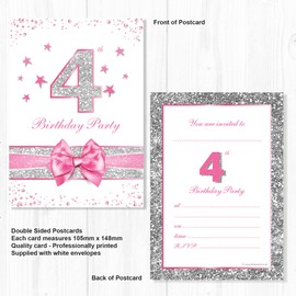Olivia Samuel 20 x 4th Birthday Party Invitations from Pink Sparkly Design and Photo Effect Silver Glitter - A6 Postcard Size with envelopes
