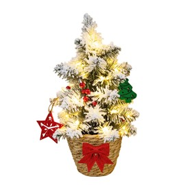 24 Inch 2 FT Pre-lit Snowy Mini Christmas Tree, Brelixo Small Tabletop Flocked Christmas Tree with a String of LED Lights, Red Berries, and Wicker Basket Base Xmas Decorations for Holiday Party