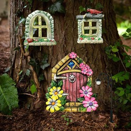 BSITSSS Pack of 4 Fairy Door Garden, Gnome Door Garden, Miniature Fairy House Garden Decoration, Wooden Fairy Doors for Garden Elves, DIY Fairy Garden Yard Door Windows Kit with Light for Trees,