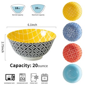 Noevany Bowl Set of 4, 23 OZ Large Colorful Bowls Set, 6 Inches Boho Bowls, Bohemia Ceramic Bowls for Kitchen Soup Cereal Salad, Dishwasher and Microwave Safe