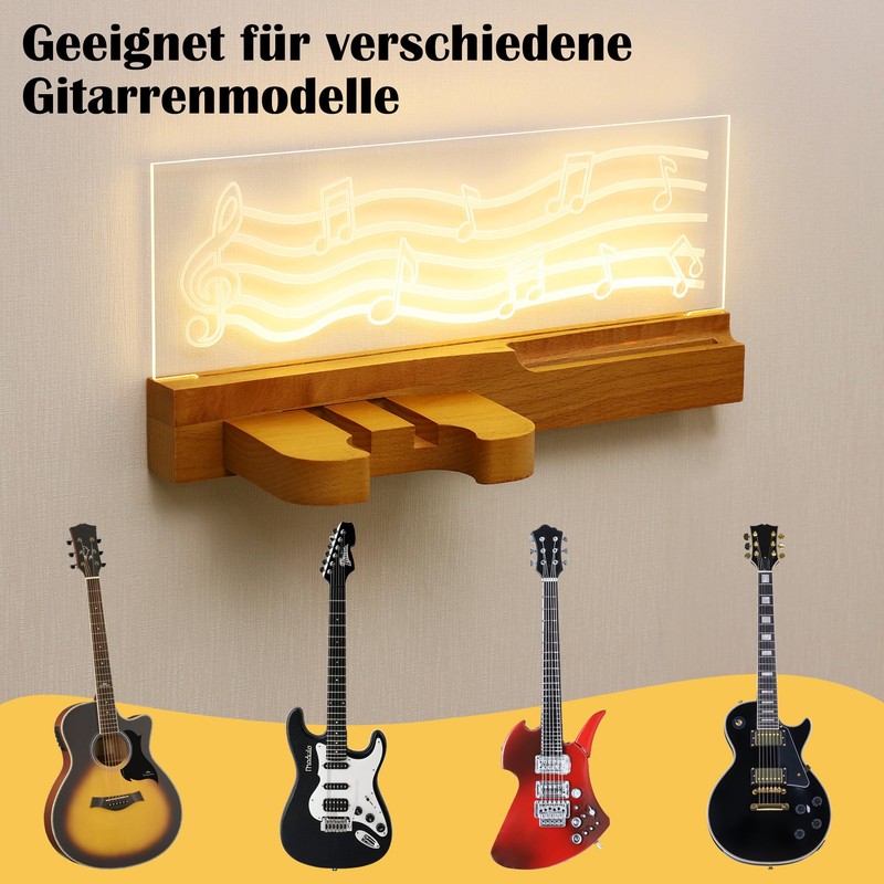 JIZZU Guitar Wall Mount, USB Powered LED Luminous Wooden Guitar