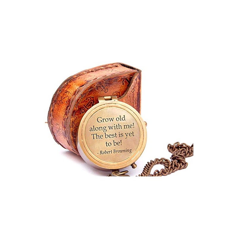GROW OLD WITH ME ENGRAVED BRASS COMPASS ON CHAIN WITH