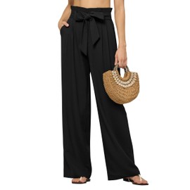 AVICHIC Women Linen Pants 2025 Paperbag Wide Leg Dress Pants High Waisted Work Slacks Tie Knot Trousers with Pockets 32" Black L