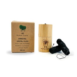 Hilo dental de carbón de bambú biodegradable VEGAN con recipiente de bambú rellenable | Recambio libre | Cera de Candelilla natural | 55 yds x2 | Aceite esencial de menta | respetuoso con el medio ambiente | Cuidado oral sin residuos