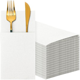 Servilletas de Tacto Lino Servilletas Desechables de Papel Depositado Aire de Cena Predobladas con Bolsillo de Cubiertos Incorporado para San Valentín Fiesta Bodas (Blanco, 75)