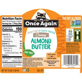 Once Again Natural Creamy Almond Butter, 9lbs - Lightly Toasted - Salt Free, Unsweetened - Gluten Free Certified, Peanut Free, Vegan, Kosher, Paleo