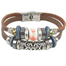 Ancient Tribe Women's Genuine Brown Leather Bracelet Ceramic Bead