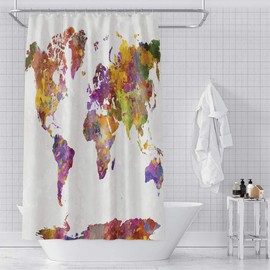 OERJU 72x84inch Colorful World Map Shower Curtain Beautiful Elegant Texture Modern Abstract Art White Base Decorative Fabric Curtain for Bathroom Bedroom Dressing Room Luxury Hotel Durable with Hooks