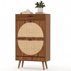 Rattan Shoe Cabinet, Semi Circle, 2 Flip Drawers, Warm Walnut