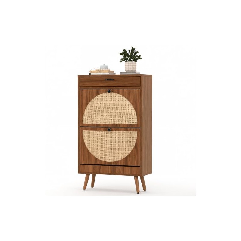 Rattan Shoe Cabinet, Semi Circle, 2 Flip Drawers, Warm Walnut
