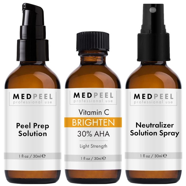 MedPeel 30% AHA & Vitamin C Brightening Essential Peel Kit, Includes Peel, Prep, Neutralizer, Light Strength Professional Grade Chemical Face Peel for all Skin Types, 1oz/30ml (Kit of 3)