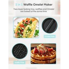 FOHERE 2-in-1 Omelette Maker&Waffle Maker, 1400W Omelet Waffle Maker 180° Flip, Adjustable Browning Control, Non-Removable & Nonstick Pans, Make Two Omelet and One Waffle at Once for Home (Mint Green)