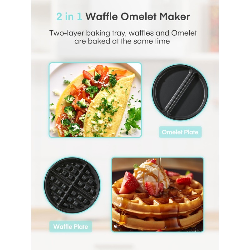 FOHERE 2-in-1 Omelette Maker&Waffle Maker, 1400W Omelet Waffle Maker 180°