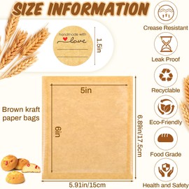 Outus Outus 50 Pcs Heat Sealable Cookie Bags with Window 5 x 6 Inch Grease Resistant Kraft Bakery Pastry Bags with Stickers for Packaging Donut Bread Cookie Goods Sandwich Baked Treat