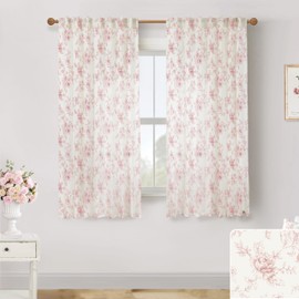 Print Curtains 63 Inch Length for Living Room,Sheer Pretty Pink Floral Preppy Fancy Coquette Curtains for Teen Girls Room Decor Bedroom 2 Panel Set