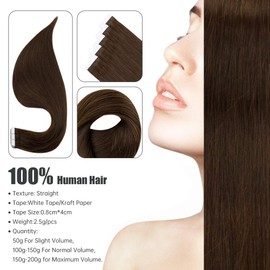 Full Shine Remy Tape in Hair Extensions Human Hair 22 Inch Tape on Hair Seamless Skin Weft Hair for Women 50 Gram Brazilian Straight Hair Glue on Hair Color 4 Medium Brown Salon Quality