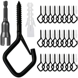 Mostantu 25 Pack Q-Hanger Hooks with Safety Buckle, 25Pcs Windproof Diamond-Shaped Screw Hooks and 25Pcs Plastic Anchor and Wing Nut Driver for Hanging Christmas String Lights, Plants (Black)