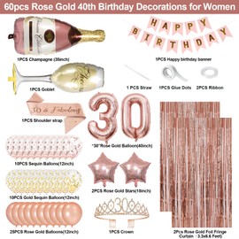 30th Birthday Decorations for Her,Happy 30th Birthday for Women,Banner,Backdrop,Crown, Sash,Goblet Balloons, Champagne and Star Balloons,Rose Gold 30 Birthday Party Decoration set