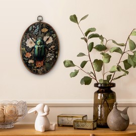 DILSJ Vintage Floral Beetle Oval Wall Art Decor, Dark Cottagecore Canvas Wall Art Framed, Retro Moody Botanical Wildflower Insect Hanging Decorations for Home Bedroom Living Room Decor, 11x8.5 Inch