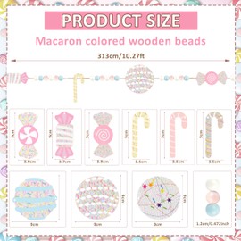 10.27 FT Macaron Wooden Bead Christmas Garland with Felt Candy Canes
