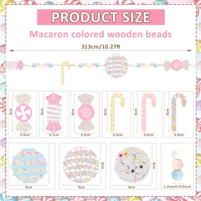 10.27 FT Macaron Wooden Bead Christmas Garland with Felt Candy
