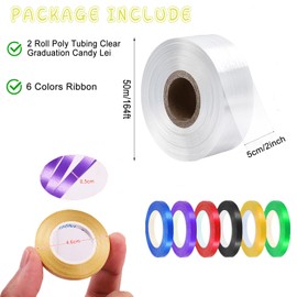 2 Roll Poly Tubing Clear Graduation Candy Lei Making Kit, 2 inch x 164 Ft Graduation DIY Lei Bags with 6 Colors Ribbon for Party Supplies