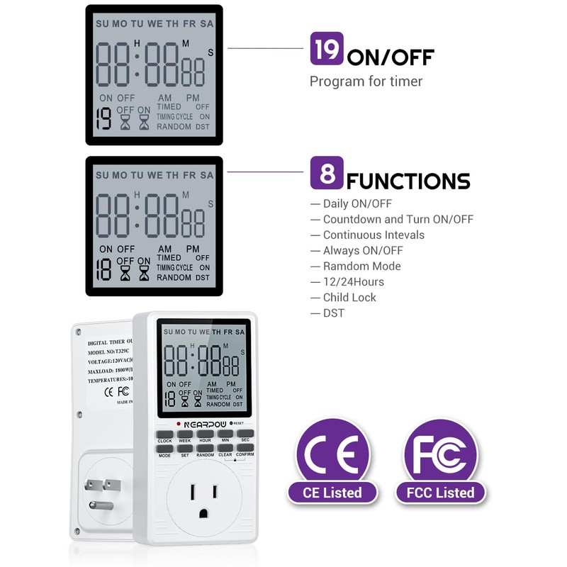 Outlet Timer, NEARPOW Multifunctional Programmable Timer with Countdown and 7-Day