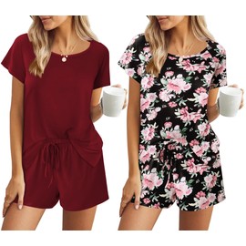Ekouaer 2 Pack Pajamas Womens Short Sleeve Sleepwear Soft Crew Neck Pj Shorts Set Printed Loungewear Set with Pockets Black Pink Floral Wine,Medium