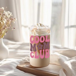 Jutasty Mom Gifts From Daughter Son, Cool Mom Club, Cute Cup Birthday Gifts for Mom, Mother, First Time Mom New Mom Gifts for Women Mama, Momma Gifts, 16oz Coffee Glass Can Cup with Lid and Straw