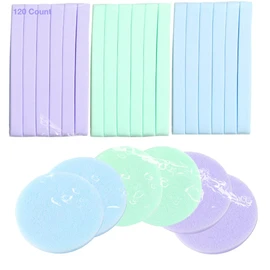 Esponja facial comprimida, 120 piezas profesionales de eliminación de maquillaje redondo de lavado facial esponjas PVA Spa almohadillas exfoliantes de limpieza para mujeres, azul, morado, verde