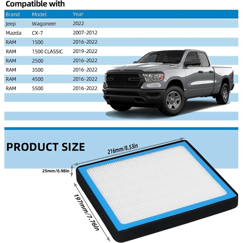 VEHITO HEPA Cabin Air Filter for RAM 1500 2016,2017,2018