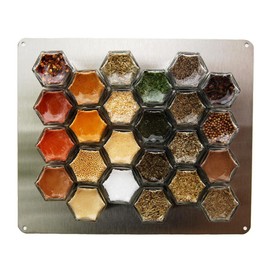 Gneiss Spice DIY Wall Hanging Magnetic Spice Rack (24 Small Jars, Silver Lids, 10x12 Stainless Plate)