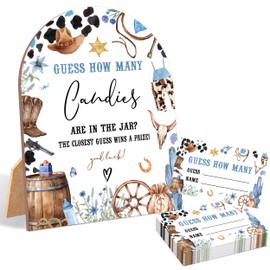 51 Pcs Cowboy Guess How Many Candies Are in the Jar Game, Rodeo Baby Shower Game, 6x8 Inch Arch Wooden Sign with Stand and 50 Guessing Cards, Gender Neutral Party Decoration - ZYF01