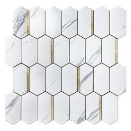 Art3dwallpanels 10-Sheet Hexagon Tile Peel and Stick Backsplash, Stick on Backsplash for Kitchen, Bathroom, Self-Adhesive White Marble Mixed Metal Gold Wall Tiles