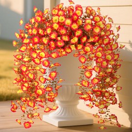 Fake fall Artificial Hanging Flowers for Outdoor, 2 PCS Autumn Decoration Silk Faux Flowers Morning Glory with Eucalyptus Leaves, Realistic Hanging Plants for Wedding Home Office Garden Decor(Color 2)