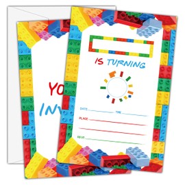 Birthday Invitations - Building Blocks Birthday Invites with Envelopes(25-Count) - Stacking Block Bricks Fill-in Party Invite Cards for Boys Girls Party Supplies Favors - A19